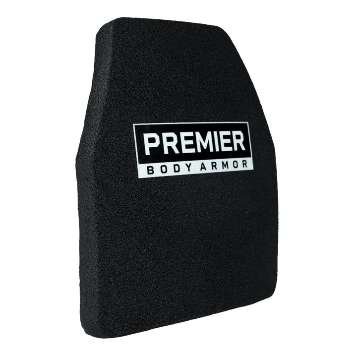 A black, rectangular piece of body armor from Premier Body Armor features the text "PREMIER BODY ARMOR" in white on the front. The STRATIS Level III+ MC armor is designed with slightly angled top corners for fitted personal protection. The background is plain white.