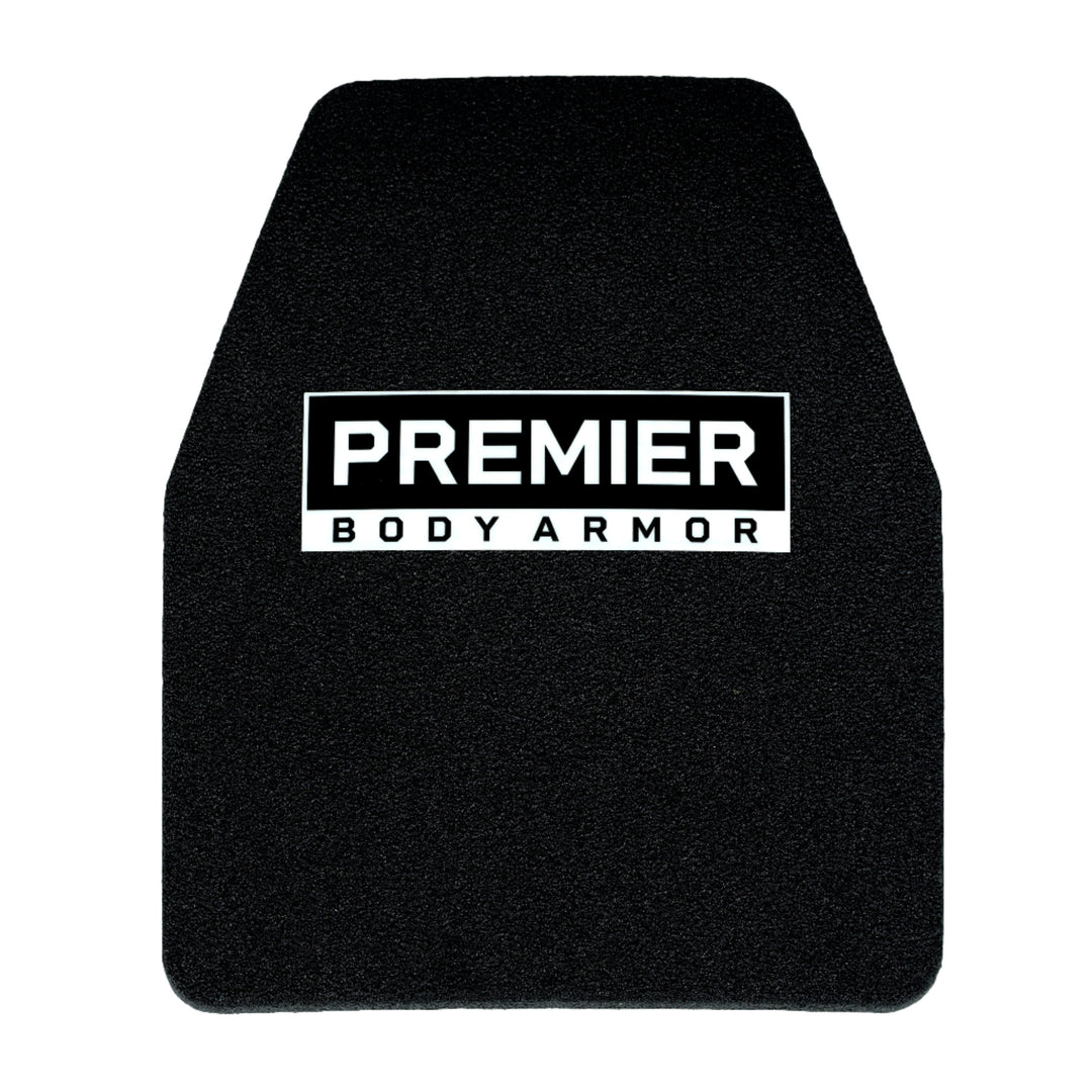 A black STRATIS Level III+ MC body armor plate from Premier Body Armor, featuring a rectangular label in the center with "PREMIER BODY ARMOR" in white text on a black background. It has a cut at the top and straight edges on the bottom.