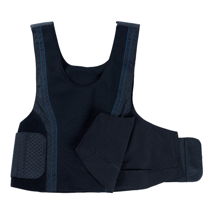 A black Concealable Armor Vest - Carrier Only by Premier Body Armor lies flat on a white background. The front closure is open, revealing the interior lining and adjustable Velcro straps on each side. This NIJ Certified Level IIIA vest is designed for protection and utility in various demanding environments.