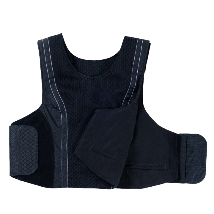 The Premier Body Armor Female Concealable Armor Vest - Carrier Only is a black tactical vest with white stitching, featuring adjustable Velcro side straps and padded shoulders. Designed specifically for women, the vest is made from a durable, mesh-like material to ensure breathability. It is displayed laid flat against a white background.