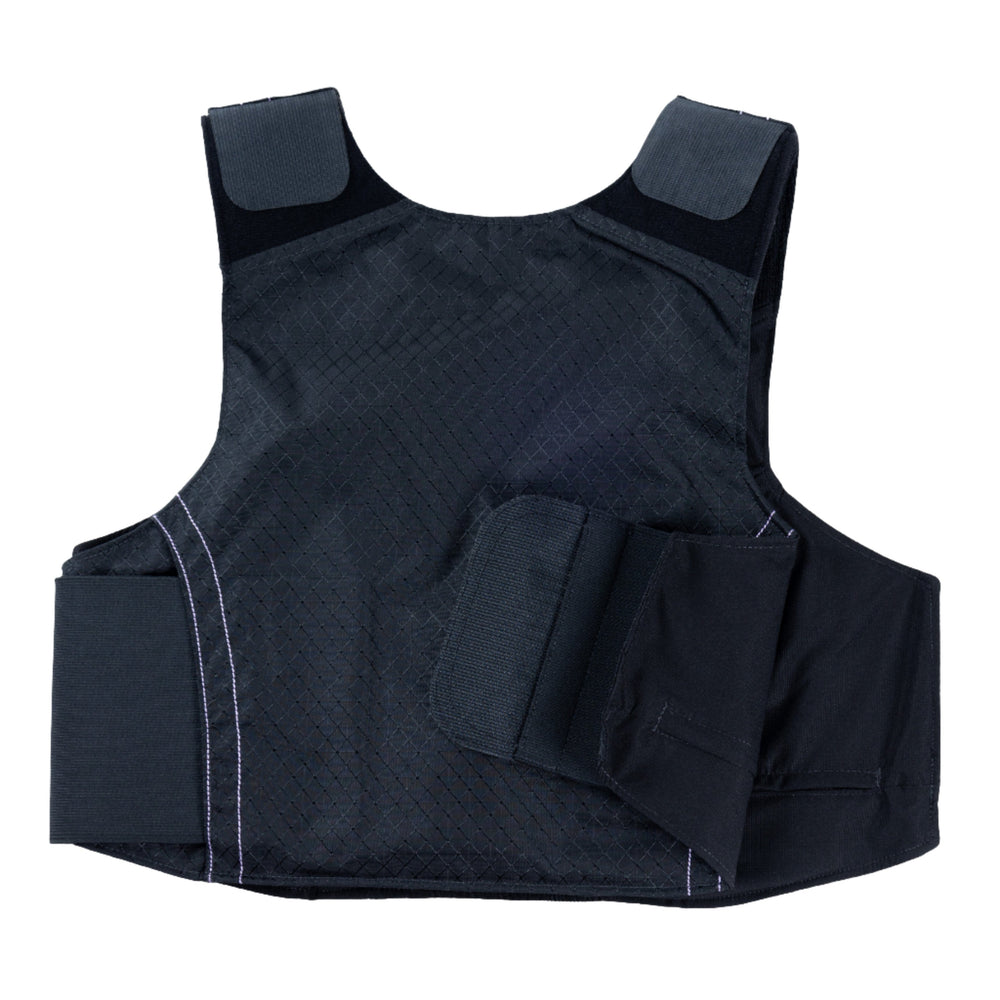 Image of Premier Body Armor's Female Concealable Armor Vest - Carrier Only, featuring dark gray shoulder straps and side panels. The black vest has a quilted texture and appears adjustable with wide elastic straps. The background is plain white.