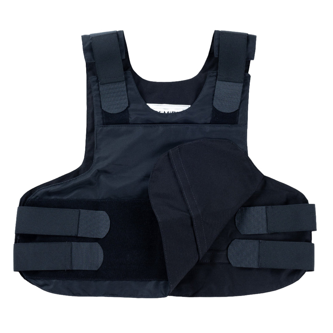 The Premier Body Armor Hybrid Concealment Vest - Carrier Only is displayed against a white background. This Black tactical gear features adjustable straps on the shoulders and sides, includes covers for armor plates on both the front and back, and offers a modular foundation. The material appears durable with reinforced stitching.