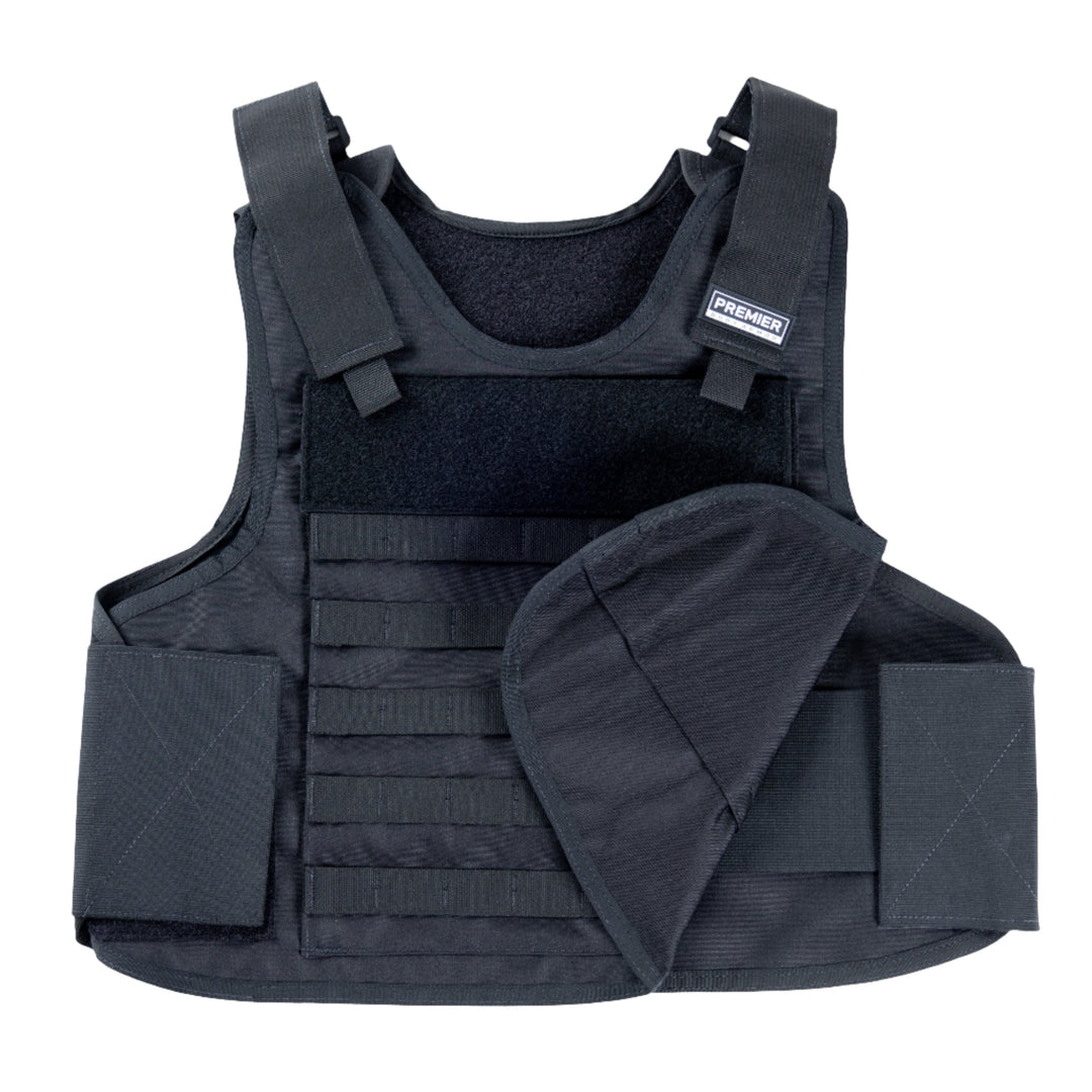 The Premier Body Armor Hybrid Tactical Vest - Carrier Only in black features adjustable shoulder straps and side panels, a front pocket, multiple accessory loops, and a patch near the top. Displayed against a white background, this vest is designed to accommodate Level IIIA protection.