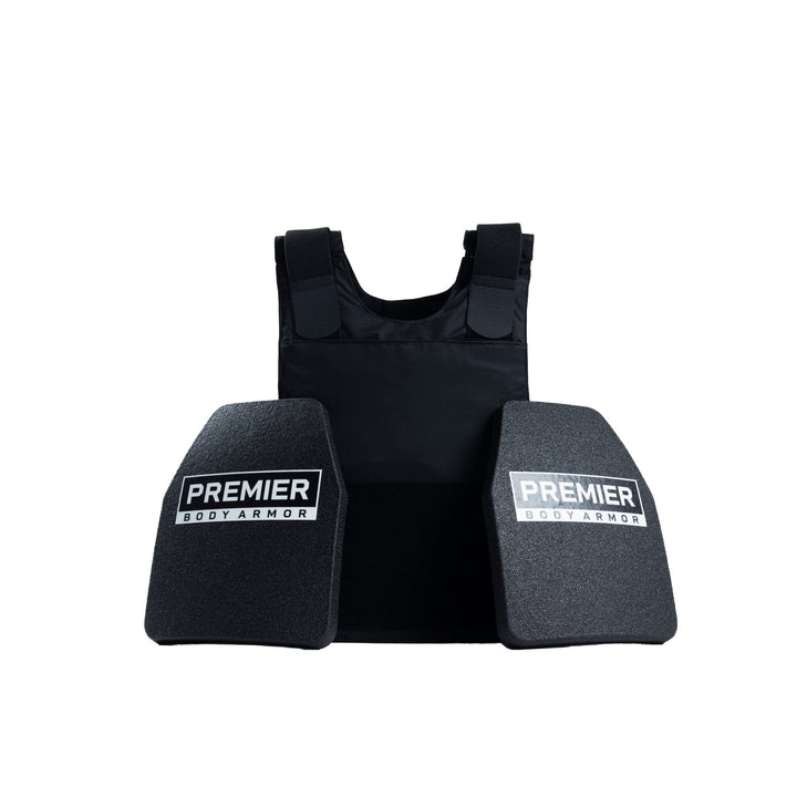 A stylish Nexus Hybrid Concealment Vest Bundle in black, branded with the Premier Body Armor logo on each of the two Nexus ICW Plates, is displayed against a plain white background. This state-of-the-art body armor technology offers exceptional protection while keeping a discreet appearance.