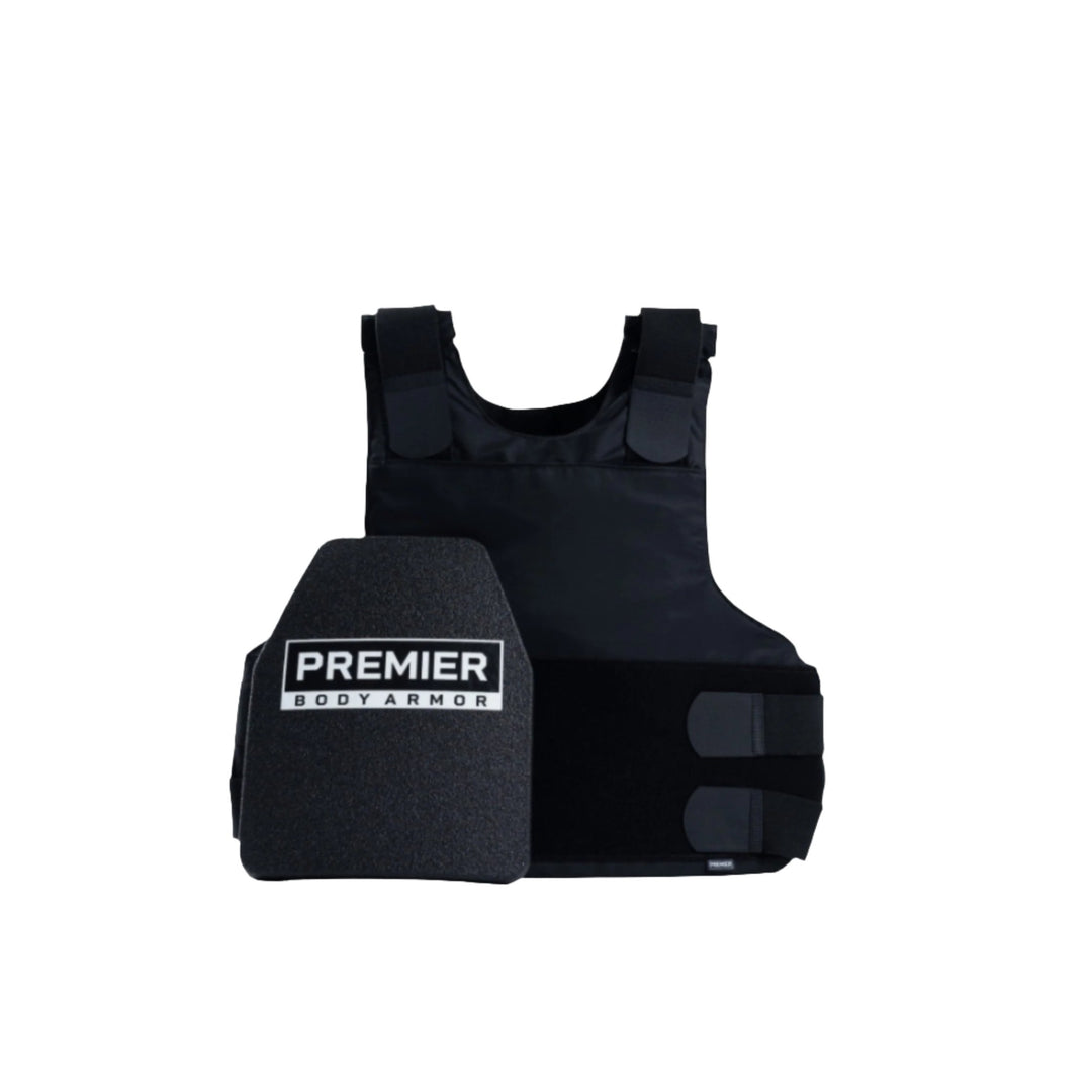 A black Nexus Hybrid Concealment Vest Bundle from Premier Body Armor, equipped with adjustable shoulder straps and advanced body armor technology, is displayed with a detachable protective panel on a white background.