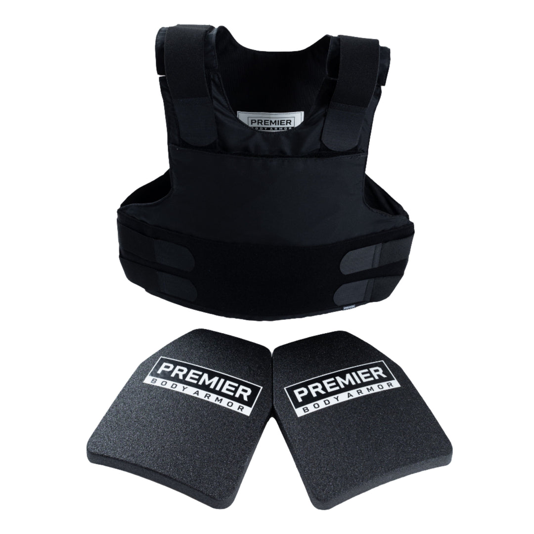 The Nexus Hybrid Concealment Vest Bundle, offered by Premier Body Armor, is featured in black and includes two Nexus ICW Plates. This vest boasts adjustable shoulder straps and side panels, incorporating advanced body armor technology for enhanced personal protection.