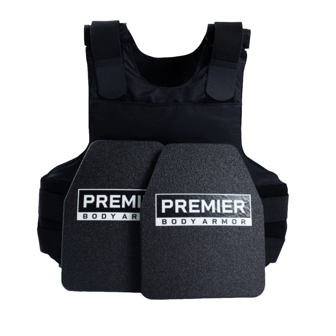 The Nexus Hybrid Concealment Vest Bundle from Premier Body Armor features a black tactical vest with cutting-edge body armor technology, including two "Premier Body Armor" plates positioned at the front for maximum protection. It is equipped with adjustable straps for a custom fit.