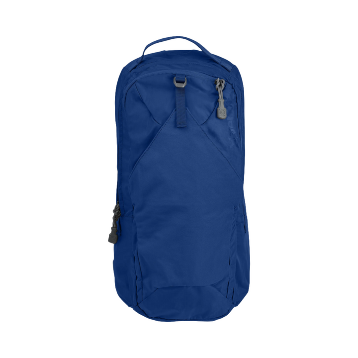 A blue backpack with a sleek design is displayed against a plain white background. The Vertx Long Walks Pack 15L from Vertx features multiple zippers, pockets, and a top handle. It has black zipper pulls and seams, offering Tactigami compatibility and space for a body armor insert while maintaining its minimalist appearance for various uses.