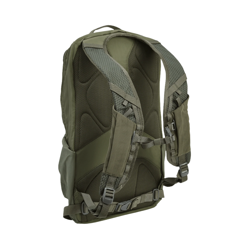 This image features the back side of the Vertx Long Walks Pack 28L in green, showcasing its padded shoulder straps with mesh padding for comfort and adjustable buckles. The backpack also includes a handle at the top and additional adjustable straps near the bottom, making it ideal for long hikes or treks.