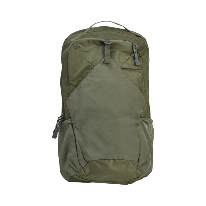 The Vertx Long Walks Pack 28L is a green backpack featuring a top handle, several zippered compartments, and a triangular-shaped front pocket. It also includes two side pockets and is crafted from durable fabric. For added safety on your adventures, this backpack can accommodate a body armor insert.