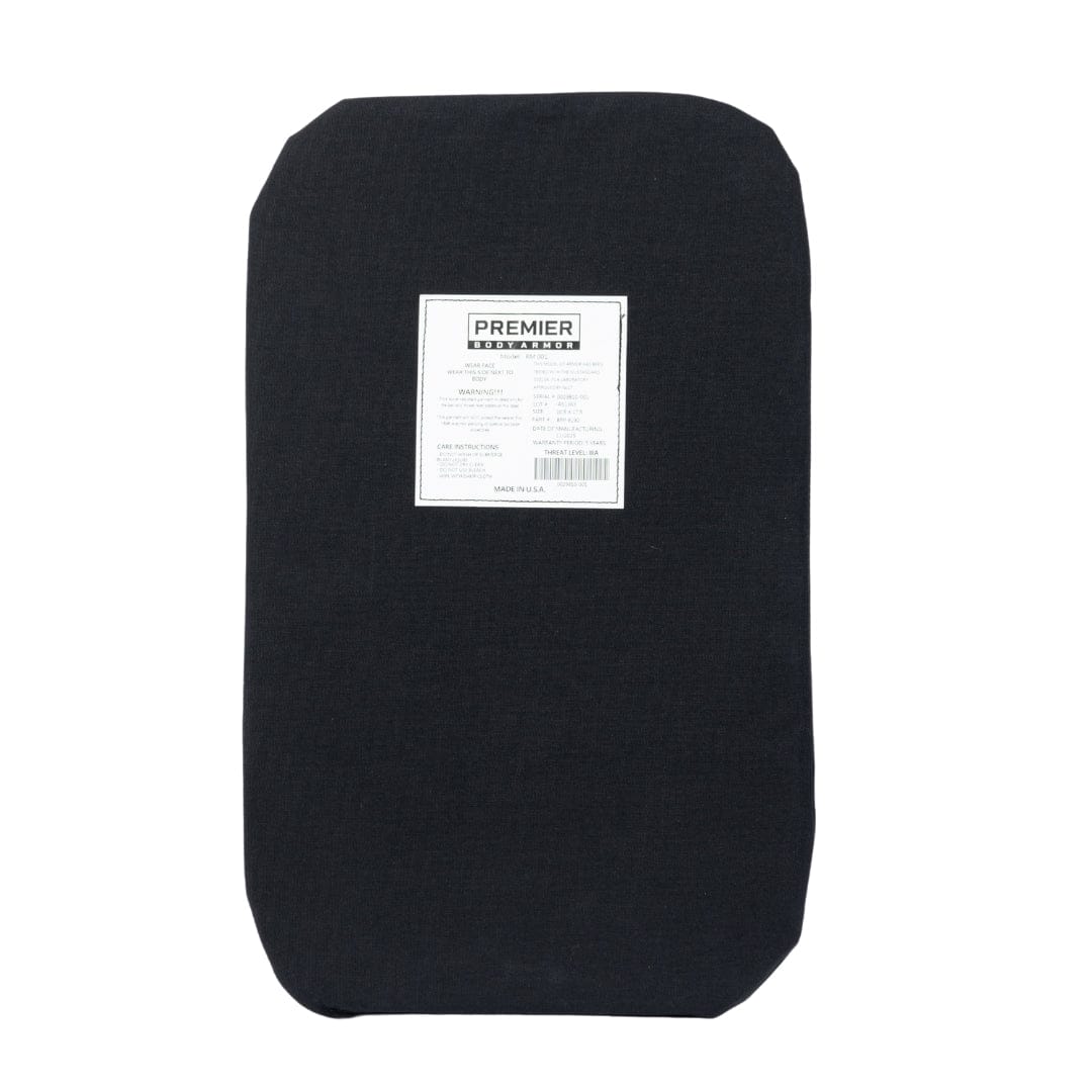 The Premier Body Armor Vertx Gamut 26L Pack Level IIIA Insert is a rectangular black pad with rounded corners and a central white label with text and barcode, designed for backpack protection.