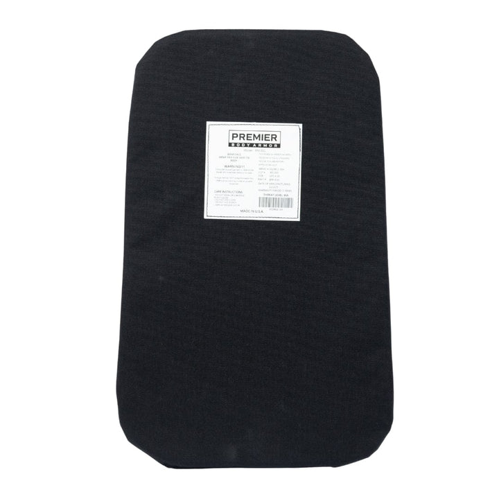 A rectangular black Level IIIA backpack armor insert by Premier Body Armor is shown, featuring a white label with "Premier" on it. Designed for the Vertx Gamut 32L Pack, the insert has rounded corners and is displayed against a white background.