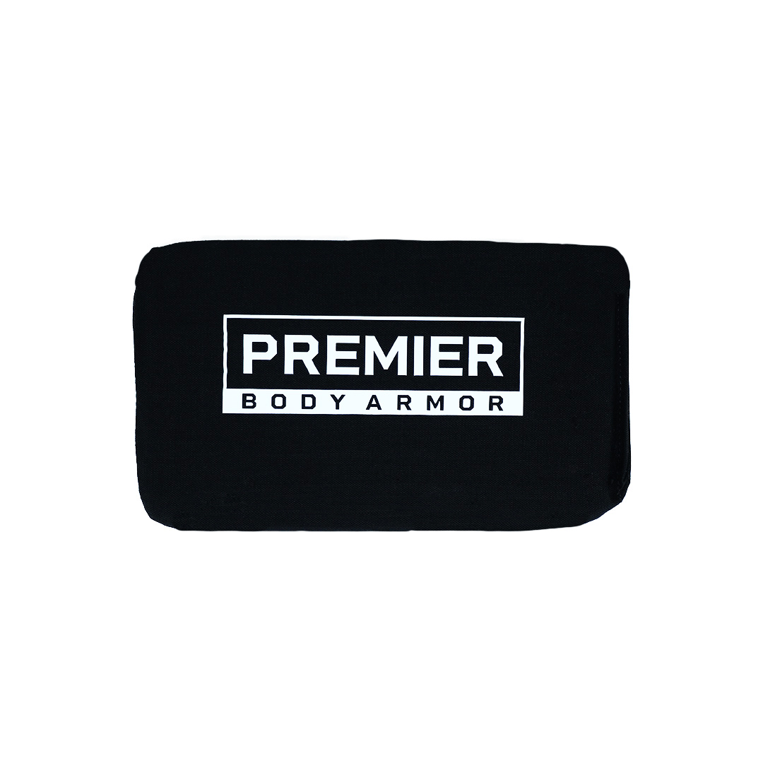 A rectangular black object bearing the brand name "Premier Body Armor" in white text, enclosed within a rectangular border. The centered text contrasts starkly against the plain white background, reminiscent of the sleek design of an Eberlestock Fade Brief Level IIIA Insert.