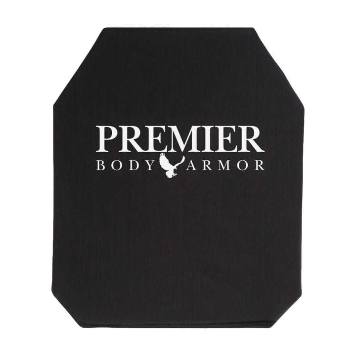 A piece of black body armor labeled "Premier Body Armor" with a white logo and a small silhouette of a rooster beneath it. The Discreet Defender Bundle - Soft Armor is Level IIIA protection, featuring a rectangular shape with slightly angled top corners.