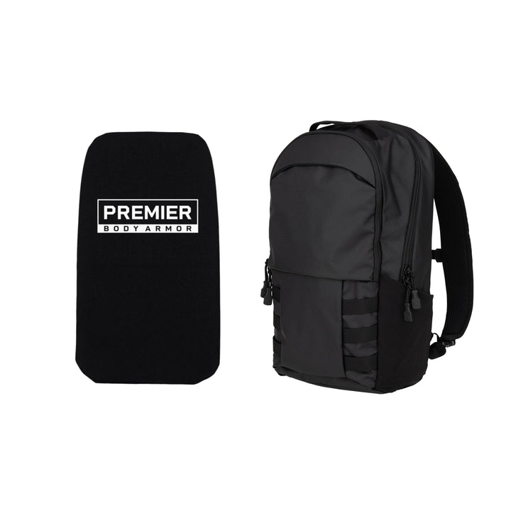 The Armored Vertx Ghost Pack Bundle by Vertx/Premier is displayed with a rectangular black panel featuring "Premier Body Armor" on it. This black backpack, ideal for tactical professionals, boasts multiple zippers and straps, allowing for seamless integration of ballistic protection by fitting the panel inside.