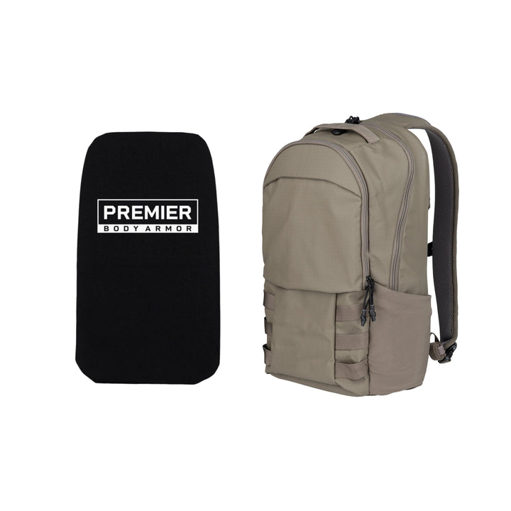 The Armored Vertx Ghost Pack Bundle, featuring a khaki backpack from Vertx and a black protective panel from Premier Body Armor, provides ballistic protection perfect for tactical professionals.