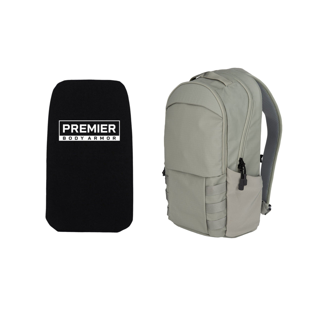 The Armored Vertx Ghost Pack Bundle, featuring a gray backpack and a black body armor panel branded with "Premier Body Armor," offers top-tier ballistic protection; both items are showcased side by side on a white background, making them ideal for tactical professionals.