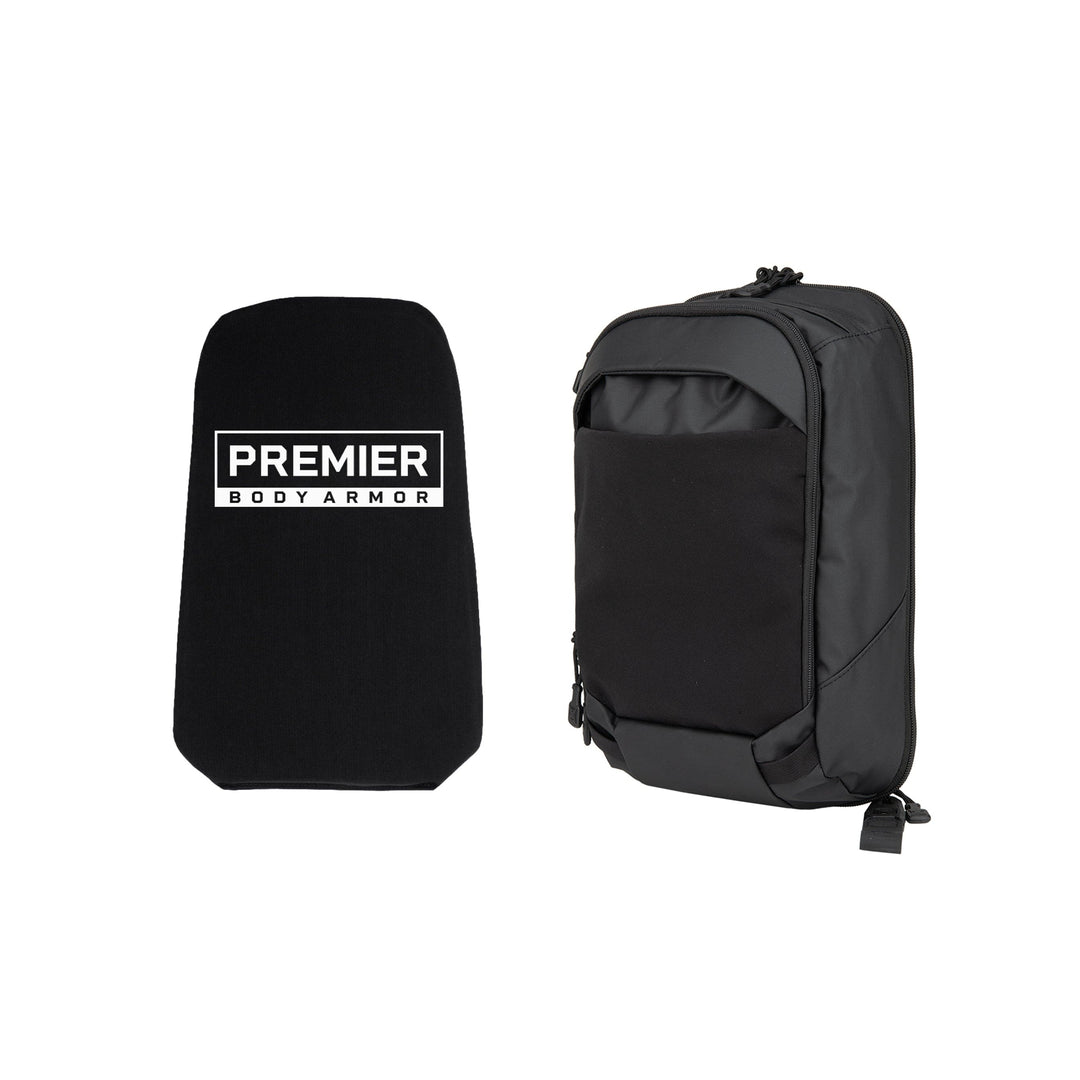 Displayed alongside a black tactical backpack, the rectangular body armor panel inscribed with "Premier Body Armor" is part of the Armored Vertx Ghost Sling Bundle. This product from Vertx/Premier includes several compartments and a zippered closure, making it perfect for carrying concealed essentials while providing ballistic protection.