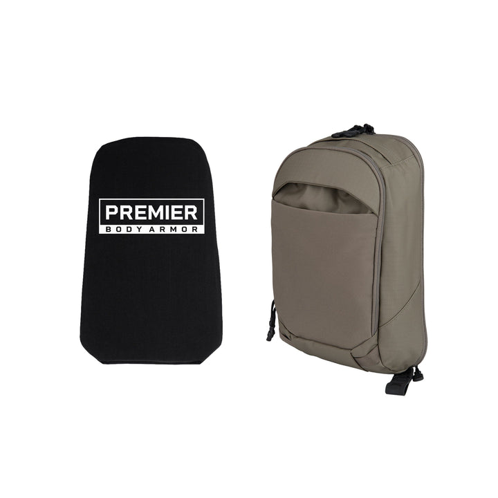 A black ballistic protection panel labeled "Premier Body Armor" in white is beside a khaki green backpack. This Armored Vertx Ghost Sling Bundle from Vertx/Premier includes a zippered front pocket and adjustable straps, providing excellent concealed carry options.