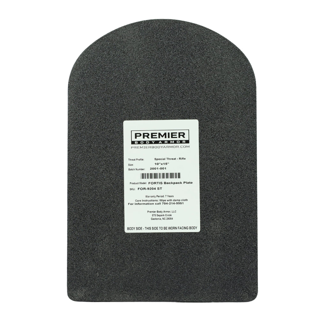 A rectangular black 10x15 Special Threat Rifle-Rated Backpack Insert by Premier Body Armor with rounded top edges and a central white label showing brand, specs, and instructions—perfect UHMWPE protection for laptop backpacks.