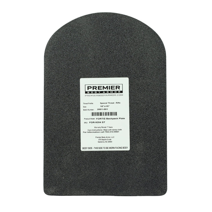 A rectangular black 10x15 Special Threat Rifle-Rated Backpack Insert by Premier Body Armor with rounded top edges and a central white label showing brand, specs, and instructions—perfect UHMWPE protection for laptop backpacks.
