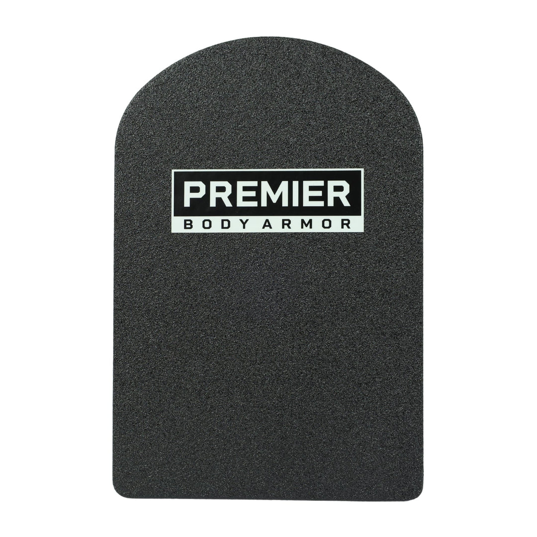The 10x15 Special Threat Rifle-Rated Backpack Insert by Premier Body Armor is a single rectangular plate with a curved top and textured black surface, featuring the white brand logo for reliable backpack protection on the go.