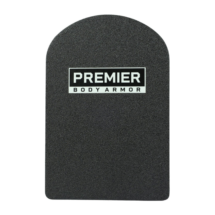 The 10x15 Special Threat Rifle-Rated Backpack Insert by Premier Body Armor is a single rectangular plate with a curved top and textured black surface, featuring the white brand logo for reliable backpack protection on the go.