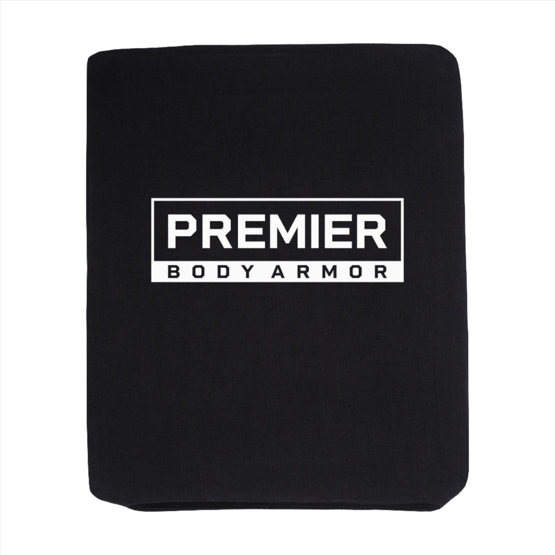 A black rectangular Bulletproof Purse Insert Level IIIA by Premier Body Armor features the text "PREMIER BODY ARMOR" in large white capital letters inside a white-bordered box, centered on its surface. The background is plain white, and this solid object is designed with a para-aramid ballistic core.