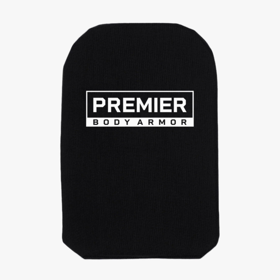 The Premier Body Armor Bulletproof Diaper Bag Insert Level IIIA is a rectangular, black ballistic panel with rounded top edges. It features the text "PREMIER BODY ARMOR" in white, centered within a white rectangular border, ensuring discreet protection. This insert is ideal for use in a diaper bag.