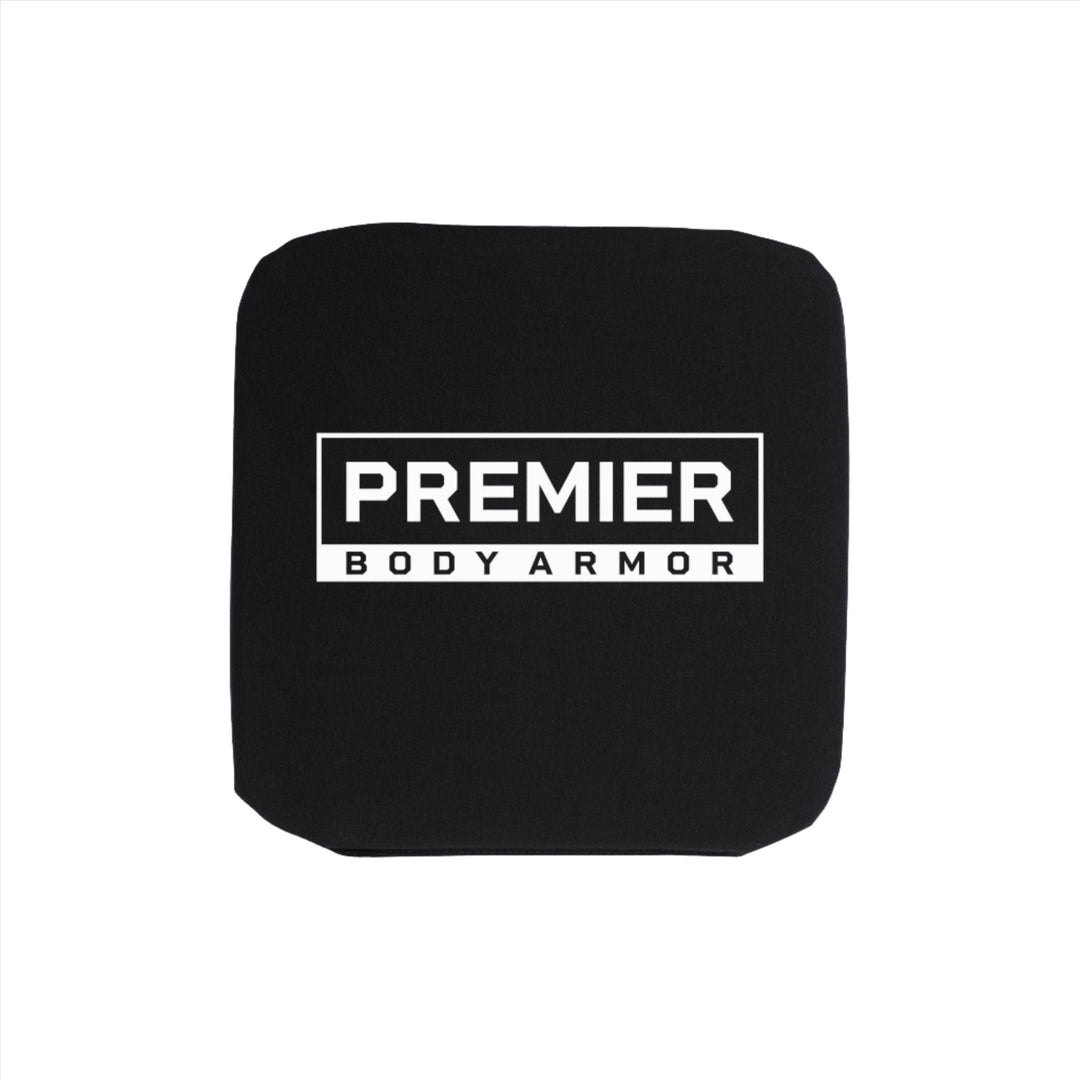 A square black Bulletproof Purse Insert Level IIIA from Premier Body Armor, featuring rounded corners and the text "PREMIER BODY ARMOR" in white. The text is centered within a white rectangular box outline, with "PREMIER" above and "BODY ARMOR" below. This insert meets NIJ ballistic standards for added safety.