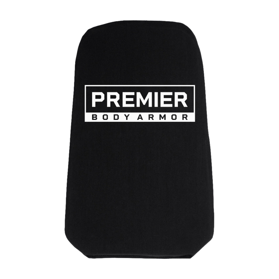 The 8.5x14 Level IIIA Insert by Premier Body Armor is a lightweight, soft panel with a para-aramid ballistic core. This black protective piece features "Premier Body Armor" printed in white text at the center, adheres to NIJ ballistic standards, and has a rectangular shape with slightly rounded corners.