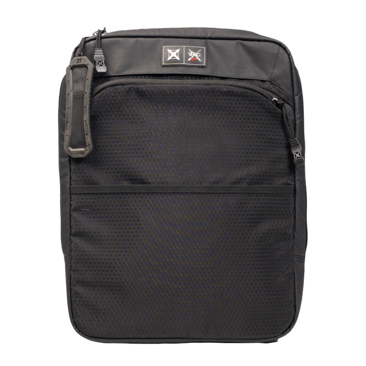 The Vertx VTAC Pistol Scabbard is a black, square-shaped backpack with multiple zippers and a mesh front pocket. It features a small logo patch of two crossed axes near the top. This rugged backpack includes adjustable shoulder straps and appears to be made of durable material.