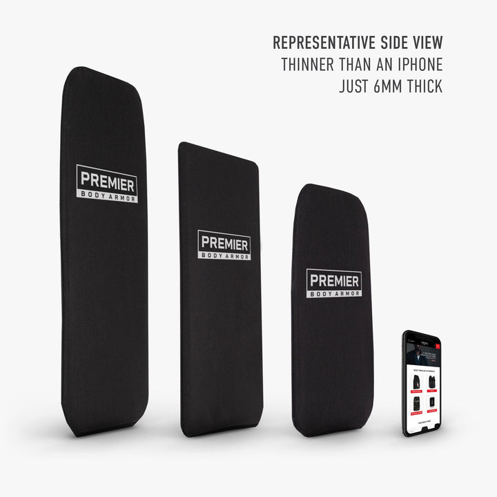 Three black Eberlestock Fade Brief Level IIIA Inserts from Premier Body Armor of varying heights are shown in a side view, positioned next to an iPhone for scale comparison. Text on the right reads: "Representative side view thinner than an iPhone just 6mm thick." Perfect fit for the Eberlestock Fade Briefcase and is TSA approved.