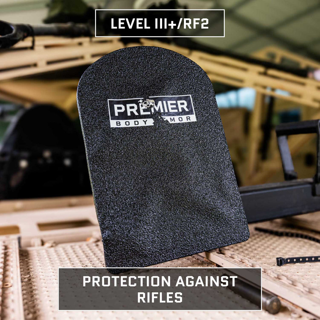 A black Universal Fit Level III+ Rifle-Rated Backpack Insert from Premier Body Armor is displayed, featuring a white logo. A caption reads, "PROTECTION AGAINST RIFLES." This discreet protection meets NIJ ballistic standards and rests on a surface with various equipment in the background.