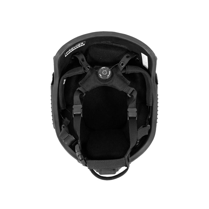 A top-down view of the Premier Body Armor Fortis Ballistic Helmet showcases its black, lightweight design with adjustable straps and advanced protective technology. Ideal for biking or construction, it features a soft-lined interior and a tightening mechanism for comfortable, secure fit.