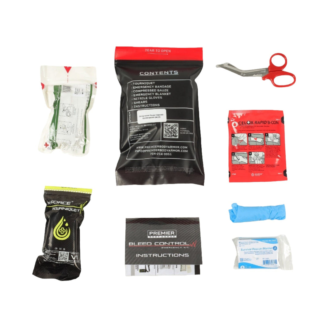 Image of the Active Response Bleed Control Kit by STAT. The contents include bandages, a S.T.A.T. Tourniquet, scissors, gauze, a QuickClot sponge, nitrile gloves, and instructions. Perfect for emergency situations, the items are arranged neatly against a white background.