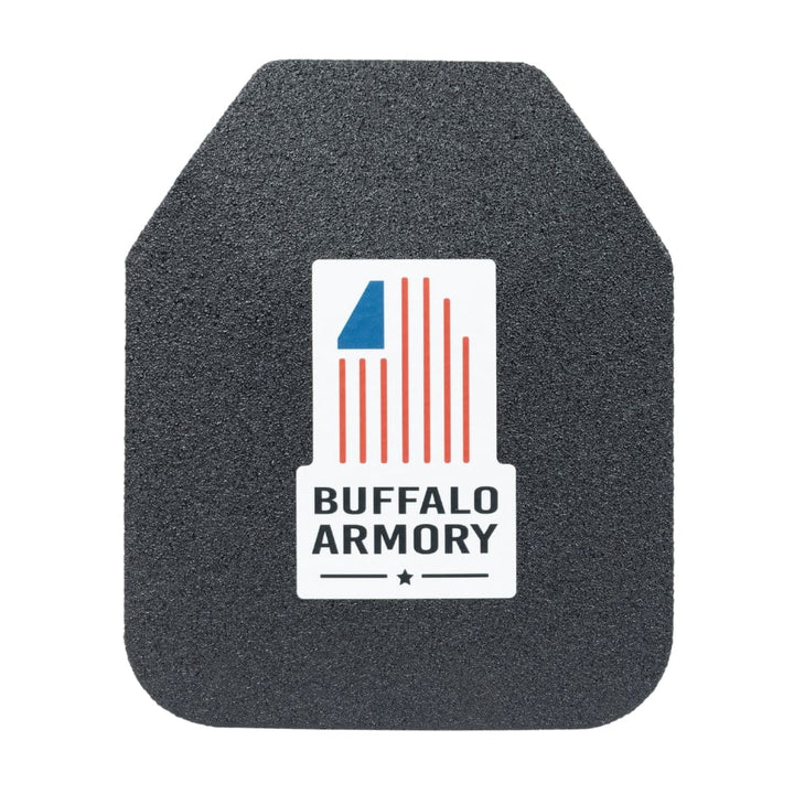 The Buffalo Armory STAR Multi-Curve Level III+ Plate by Premier Body Armor is a single black SAPI plate with a textured surface for trusted protection. The front features a rectangular Buffalo Armory logo with blue and red accents.