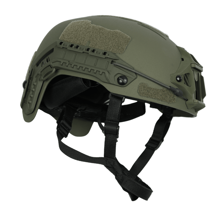 Green Premier Body Armor Fortis Bump Helmet with side accessory rails, attachment patches, and adjustable chin straps.