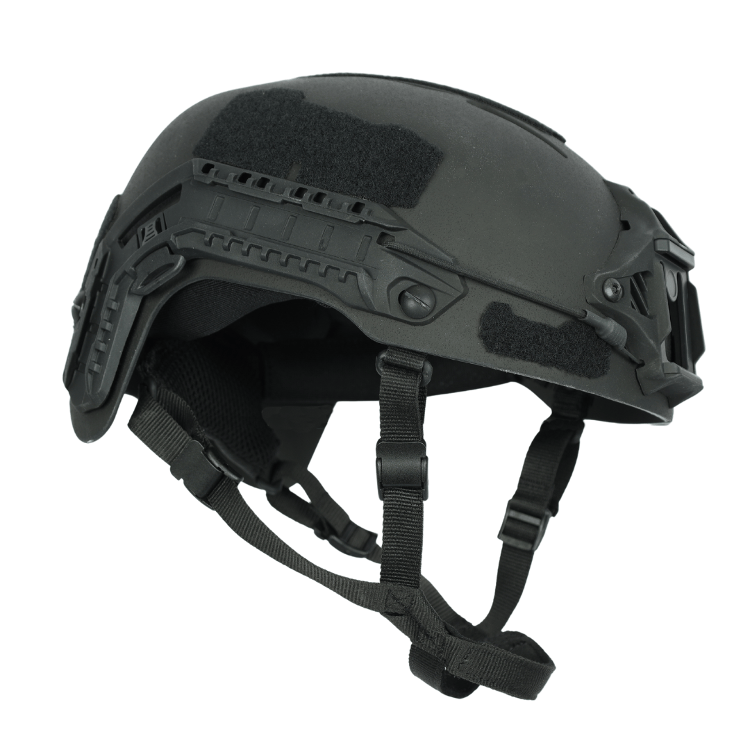 Black Premier Body Armor Fortis Bump Helmet with side accessory rails, mounting hardware for NVGs, and an adjustable chin strap.
