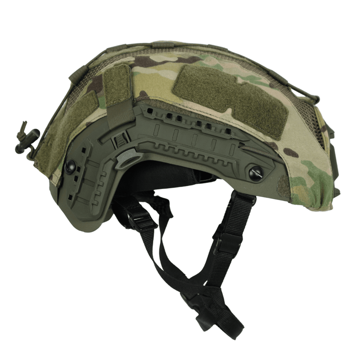 Tactical helmet featuring a Premier Body Armor Fortis Bump Helmet Cover in camouflage, side accessory rails, and an adjustable chin strap.