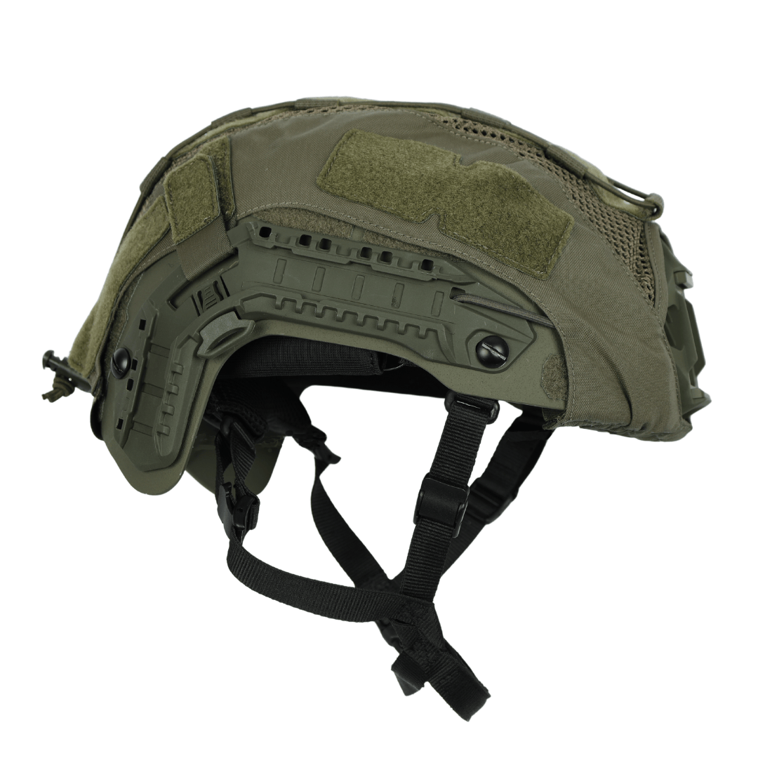 Olive green Premier Body Armor Fortis Bump Helmet Cover featuring side rails, velcro panels, and chin straps.