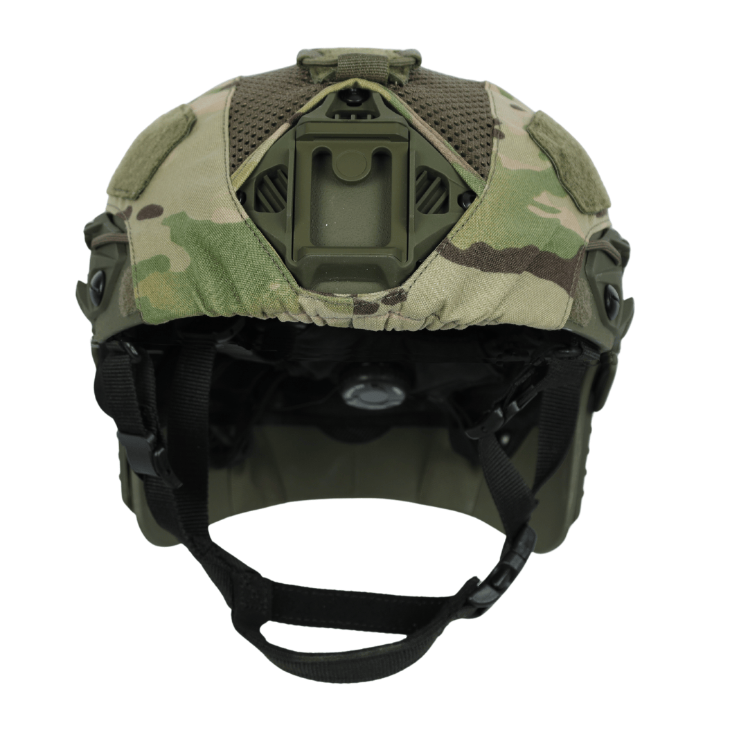 Camo-patterned Fortis Bump Helmet Cover featuring a central mounting bracket and black chin straps.