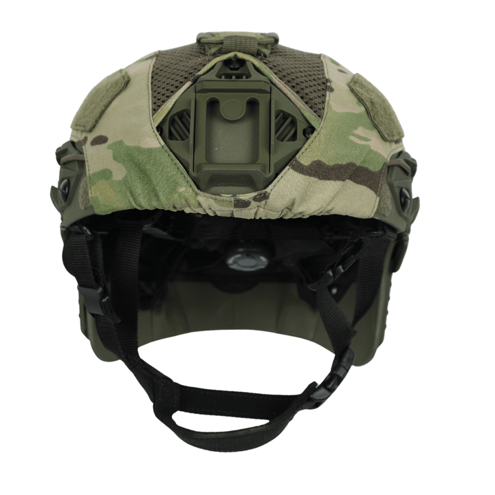 Camo-patterned Fortis Bump Helmet Cover featuring a central mounting bracket and black chin straps.