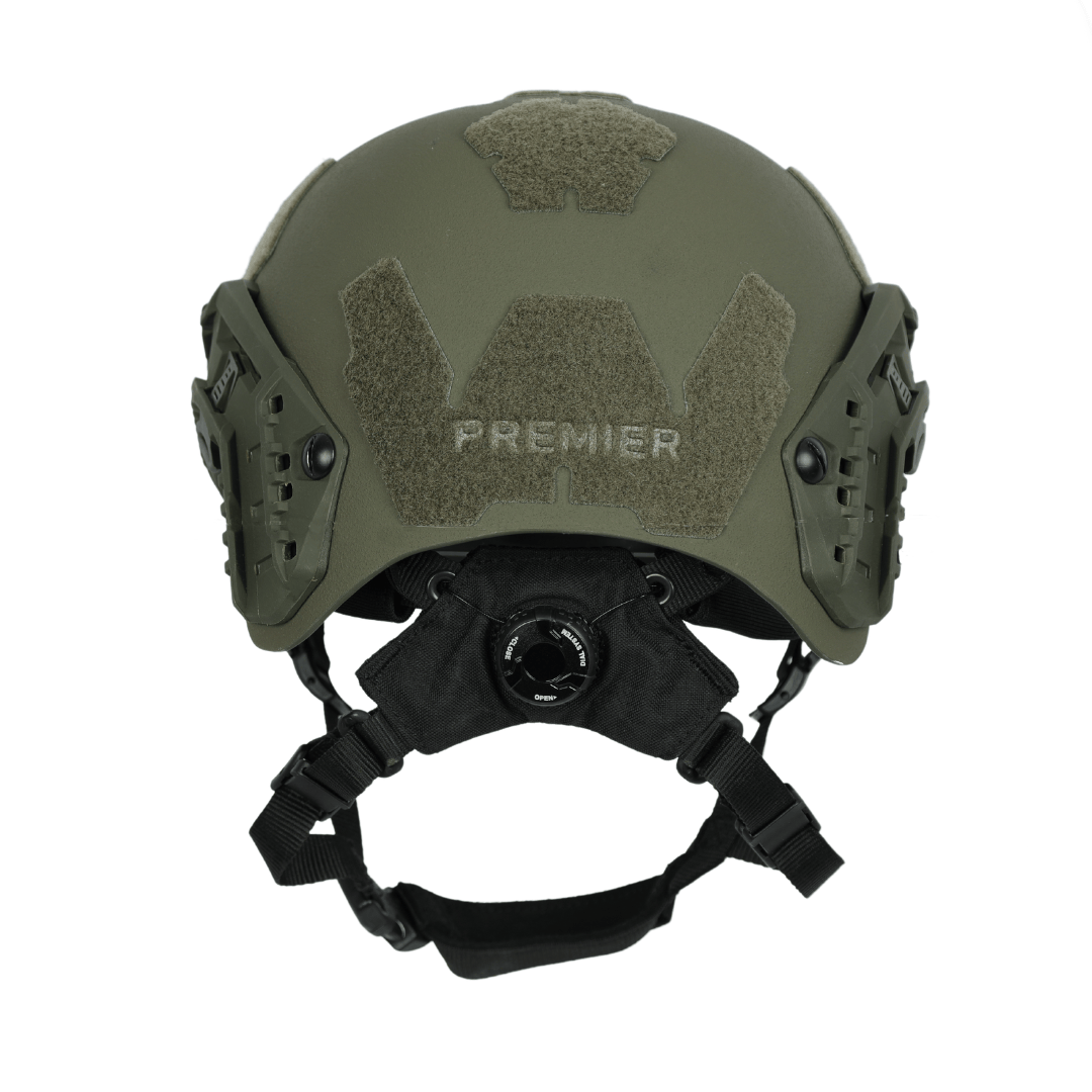 Olive drab Fortis Bump Helmet featuring mounting rails, Velcro panels, and a rear dial adjustment knob.
