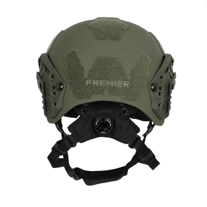 Olive drab Fortis Bump Helmet featuring mounting rails, Velcro panels, and a rear dial adjustment knob.