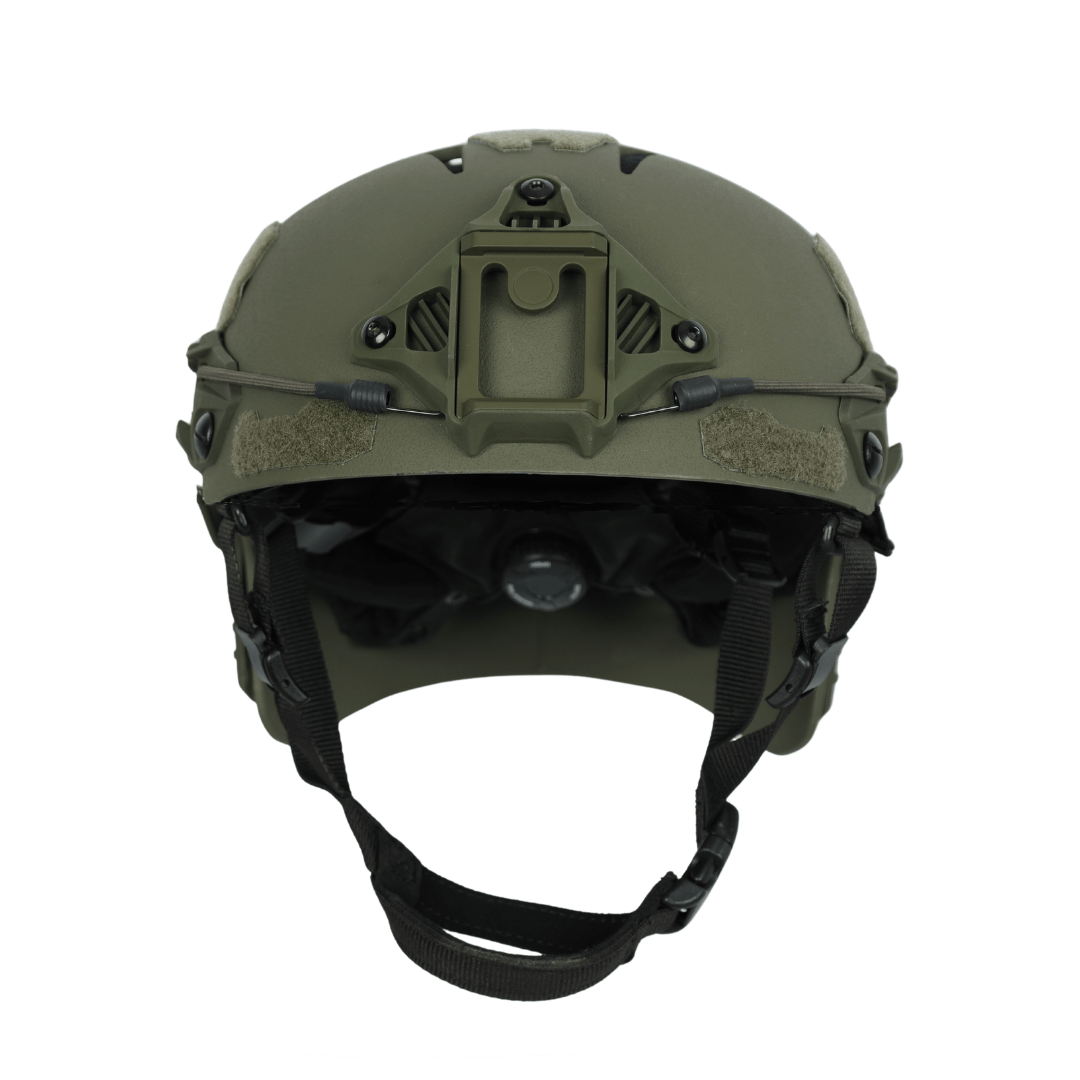 Olive drab Fortis Bump Helmet by Premier Body Armor featuring a front NVG mounting bracket and black chin straps.