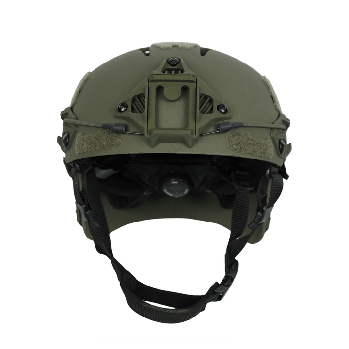 Olive drab Fortis Bump Helmet by Premier Body Armor featuring a front NVG mounting bracket and black chin straps.