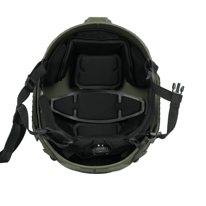 Interior view of an olive green Premier Body Armor Fortis Bump Helmet featuring black protective padding and an adjustable chin strap system.