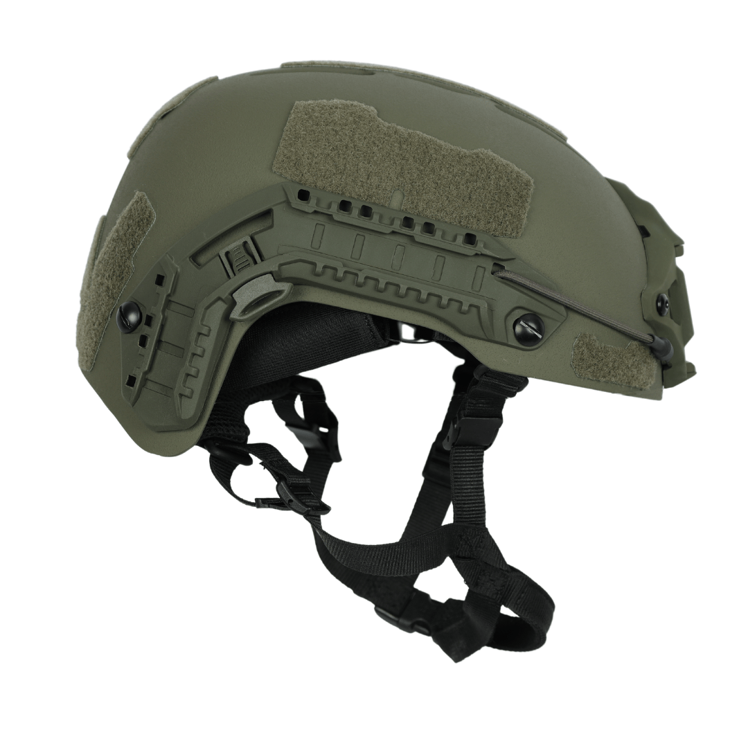 Olive drab Premier Body Armor Fortis Bump Helmet with side accessory rails, velcro panels, and an adjustable chin strap.
