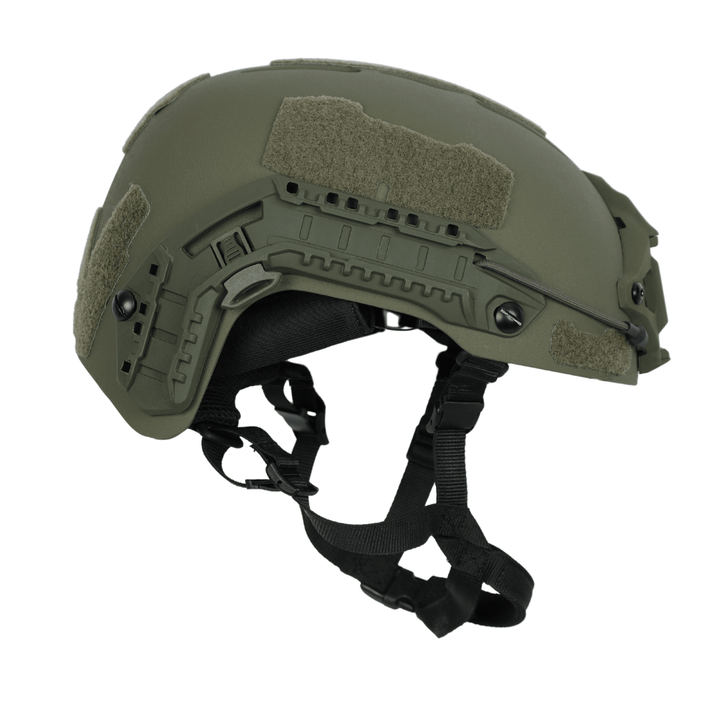 Olive drab Premier Body Armor Fortis Bump Helmet with side accessory rails, velcro panels, and an adjustable chin strap.